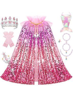 Mermaid Princess Dress Up Cape with Crown Costume Set for Girls Ages 3-8- Red